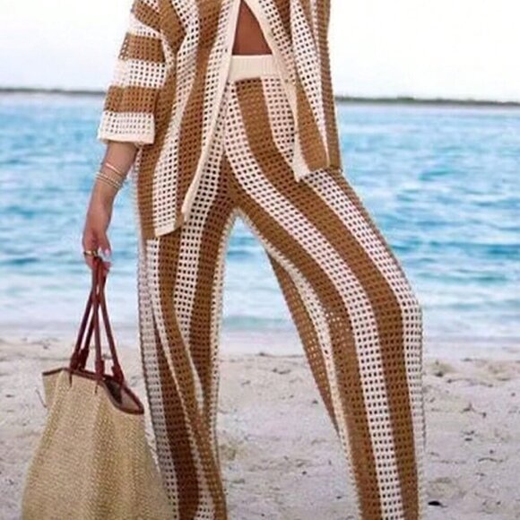 Casual Women's Beach Hollow Knitted Striped Button Down Top And Long Pants Set - Picture 3 of 5